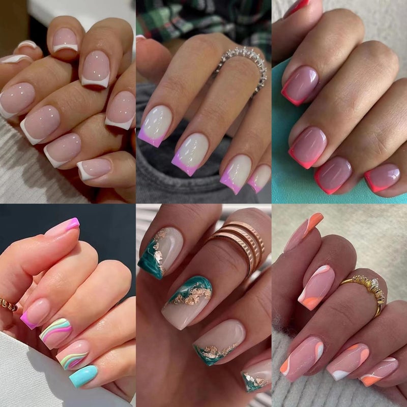 CTTHNBD 6 Packs (144 Pcs) Press on Nails Square, French Tip Press on Nails Short, Medium - Fake Nails Kit for Women 12 Sizes - 6 Styles - Image 1