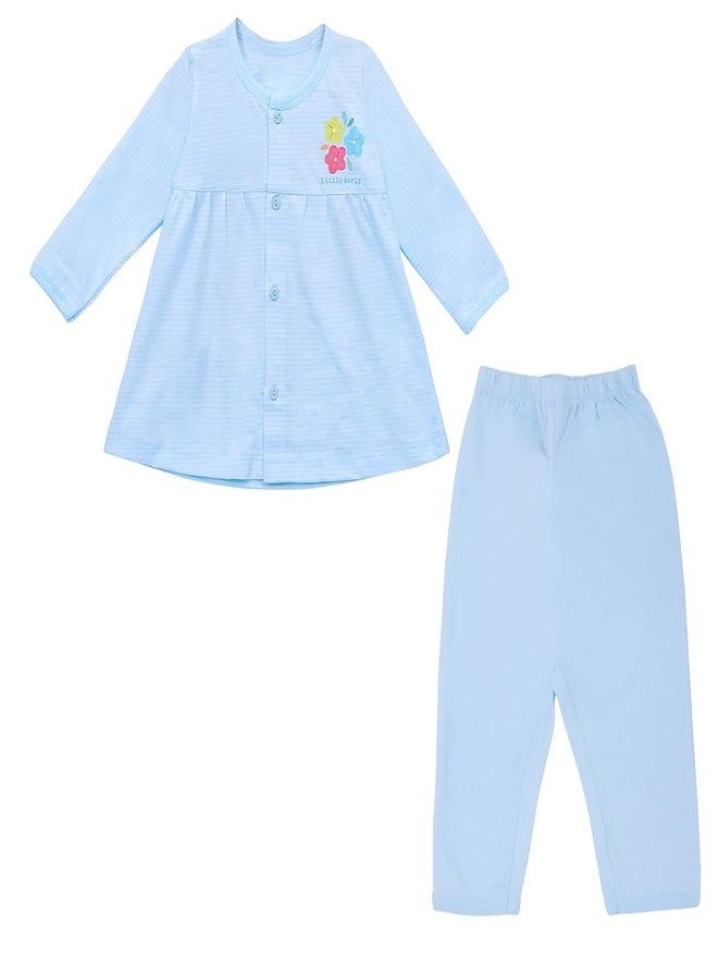 REVOLTEK Baby Girls Full Sleeves Printed Frock Dress with Pants – 100% Cotton | Round Neck, Front Open Buttons -BLUE(6-12 MONTHS) - Image 1