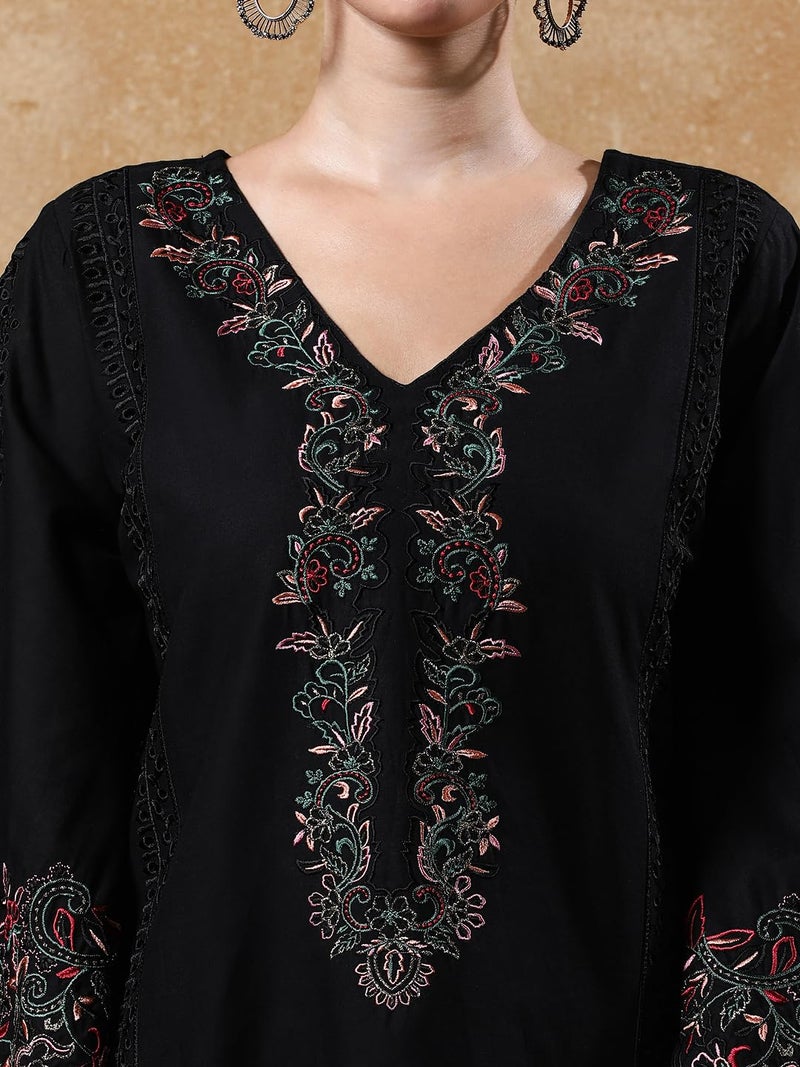 Varanga Women Embroidered V-Neck Pure Cotton Kurta Sets - Image 5