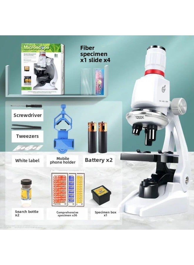 Loquat Children's High-power Microscope Scientific Experiment Optical Microbiology High-definition Home Primary School Junior High School Toy Gift-Specifications:White Upgrade + Shooting Bracket +36 Specim - Image 1
