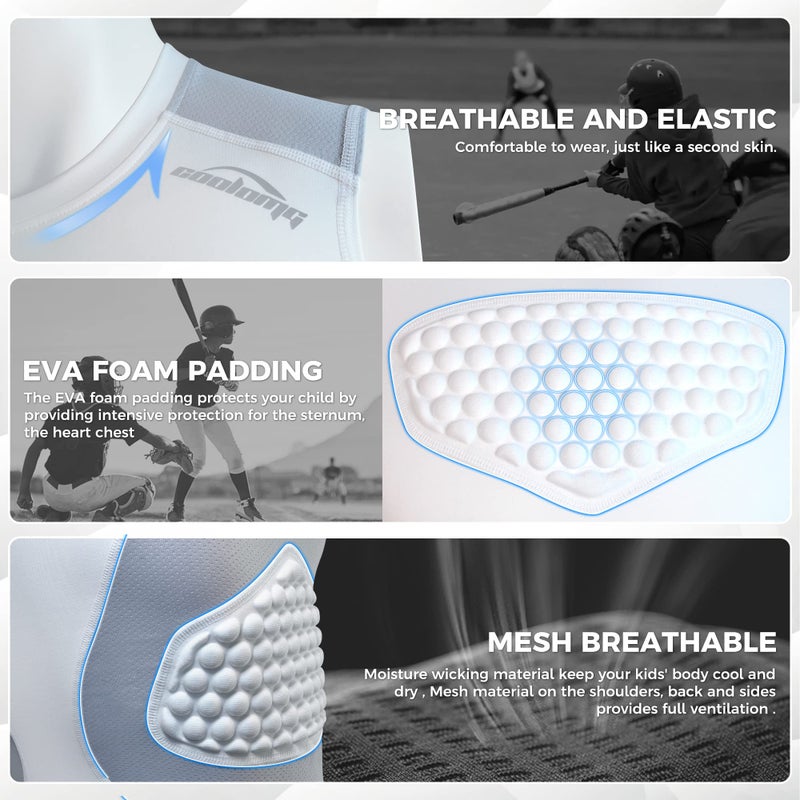 COOLOMG Youth Baseball Padded Shirt Kids Chest Protector Rib Heart Guard Sternum Protection for Football Softball Lacrosse Rugby White M - Image 5
