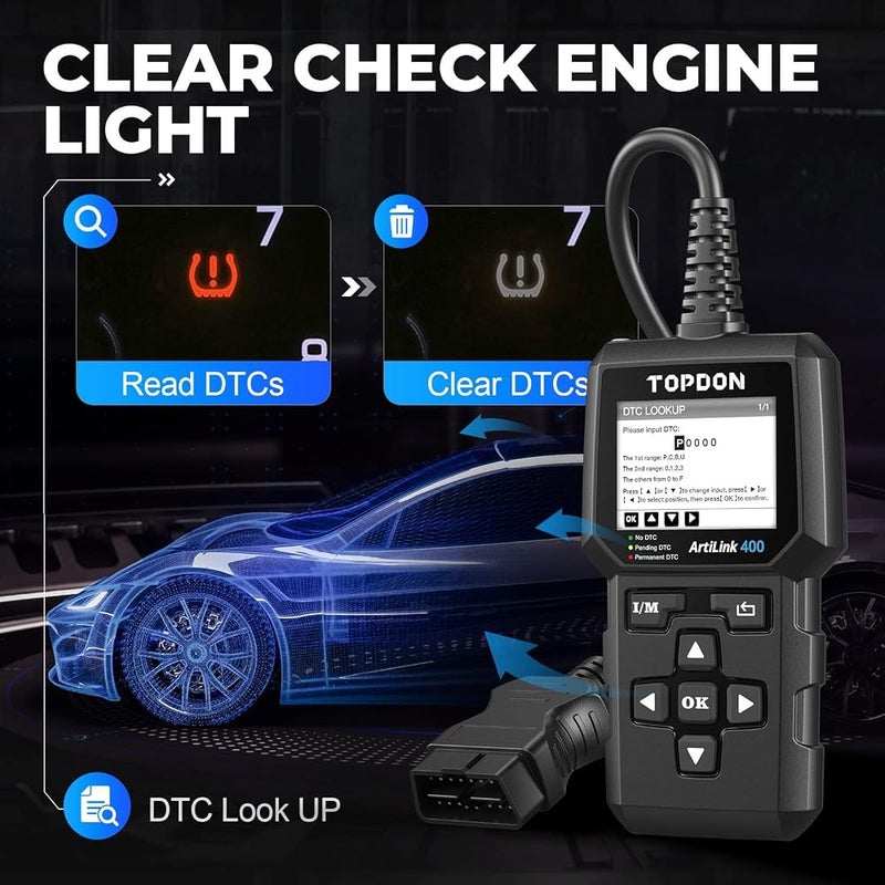 توب دون 1 أداة تشخيص OBD2، أداة تشخيص سيارات TOPDON AL400، قابلة لقراءة بيانات الوحدة الإلكترونية (I/M)، تدعم 10 وضعيات تشخيص OBD2، تساعد في فحص مصباح خراب المحرك، واختبار التلوث الهوائي، مناسبة للسيارات الأوروبية منذ عام 2000 فصاعدًا. - Image 3