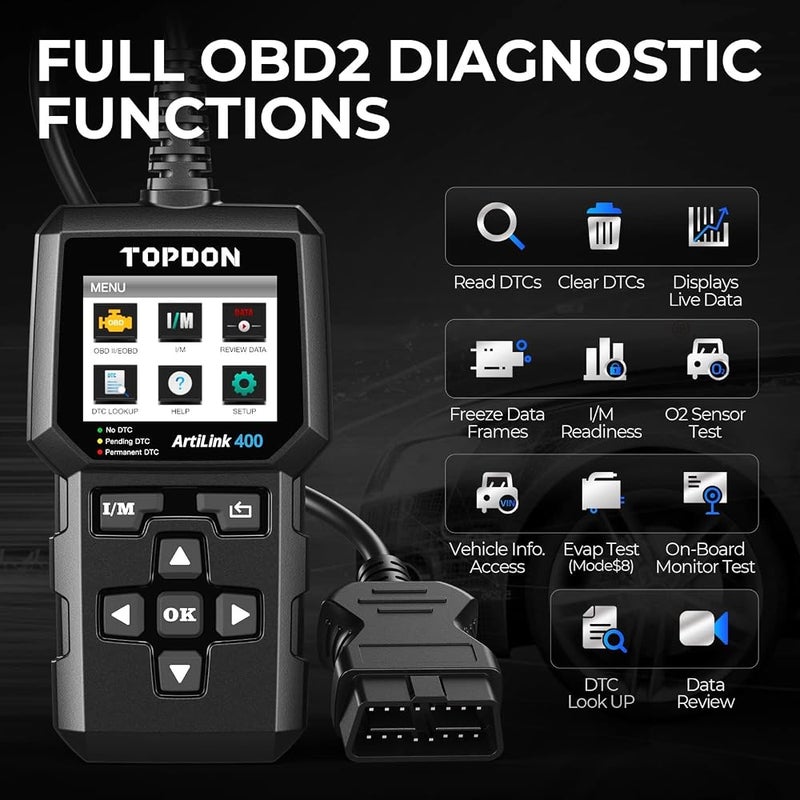 توب دون 1 أداة تشخيص OBD2، أداة تشخيص سيارات TOPDON AL400، قابلة لقراءة بيانات الوحدة الإلكترونية (I/M)، تدعم 10 وضعيات تشخيص OBD2، تساعد في فحص مصباح خراب المحرك، واختبار التلوث الهوائي، مناسبة للسيارات الأوروبية منذ عام 2000 فصاعدًا. - Image 2