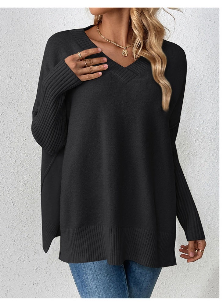 NIBEMINENT Women's  Sweaters Long Sleeve Ribbed V Neck Solid Color Side Split Knitwear Pullovers Loose Fit Jumper Tops Streetwear - Image 1