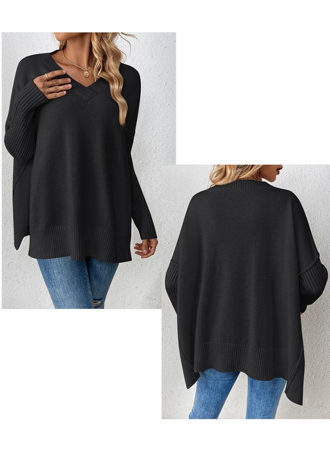 NIBEMINENT Women's  Sweaters Long Sleeve Ribbed V Neck Solid Color Side Split Knitwear Pullovers Loose Fit Jumper Tops Streetwear - Image 2