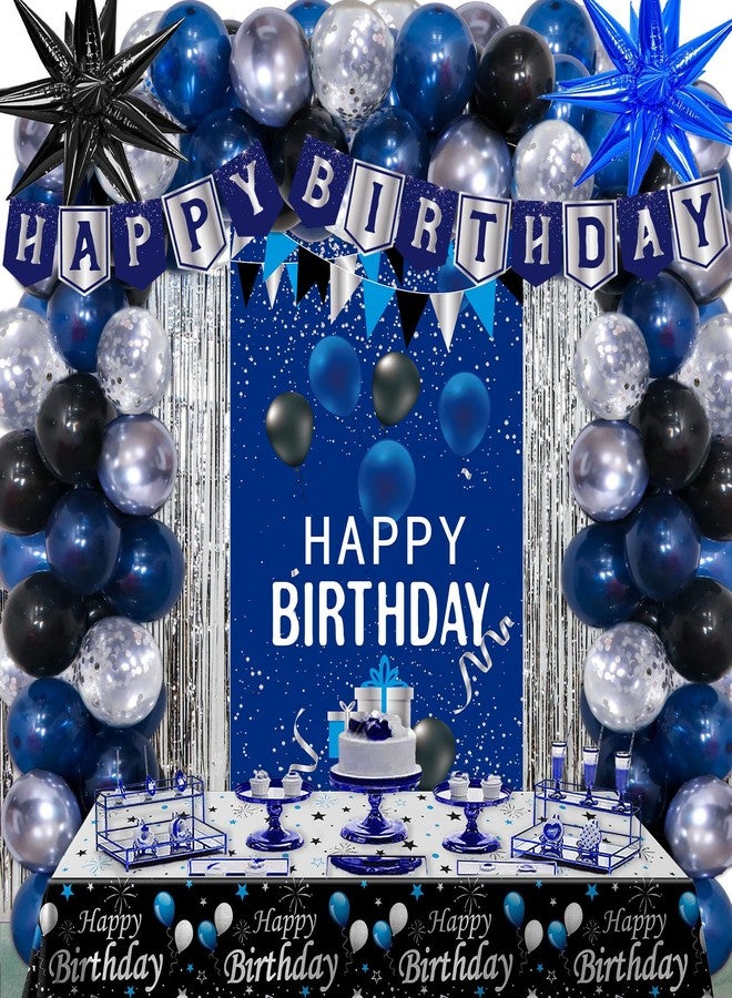 Pounira Blue Birthday Decorations for Men Boys, Blue and Black Happy Birthday Decorations for Him Her Happy Birthday Door Banner, Balloons, Tablecloth Foil Backdrop Star Balloons Bday Party Decor for Friend - Image 1