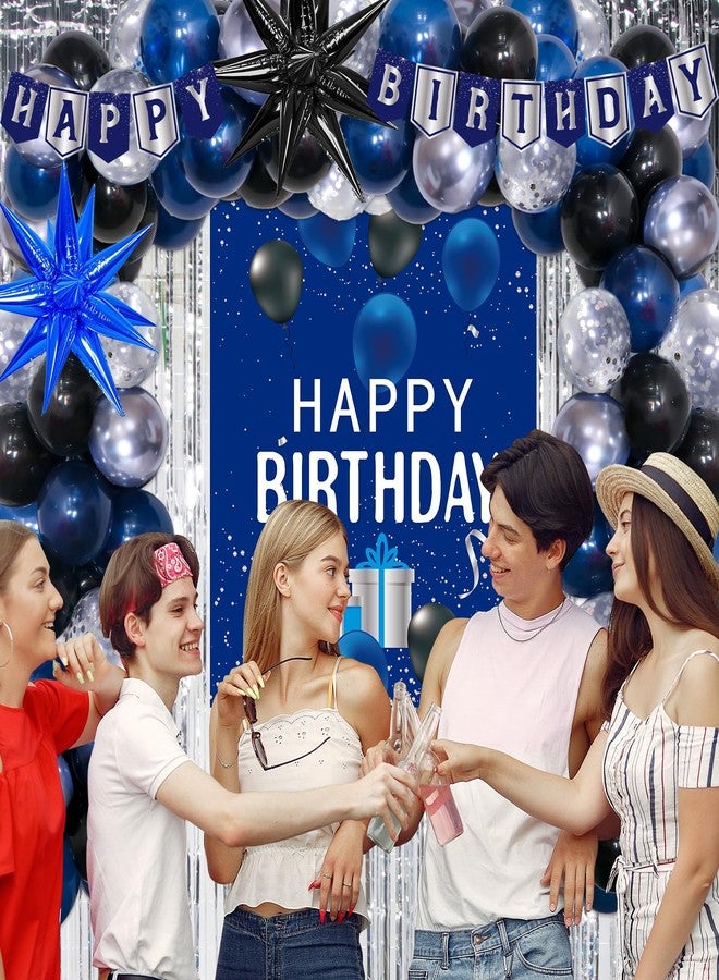Pounira Blue Birthday Decorations for Men Boys, Blue and Black Happy Birthday Decorations for Him Her Happy Birthday Door Banner, Balloons, Tablecloth Foil Backdrop Star Balloons Bday Party Decor for Friend - Image 4