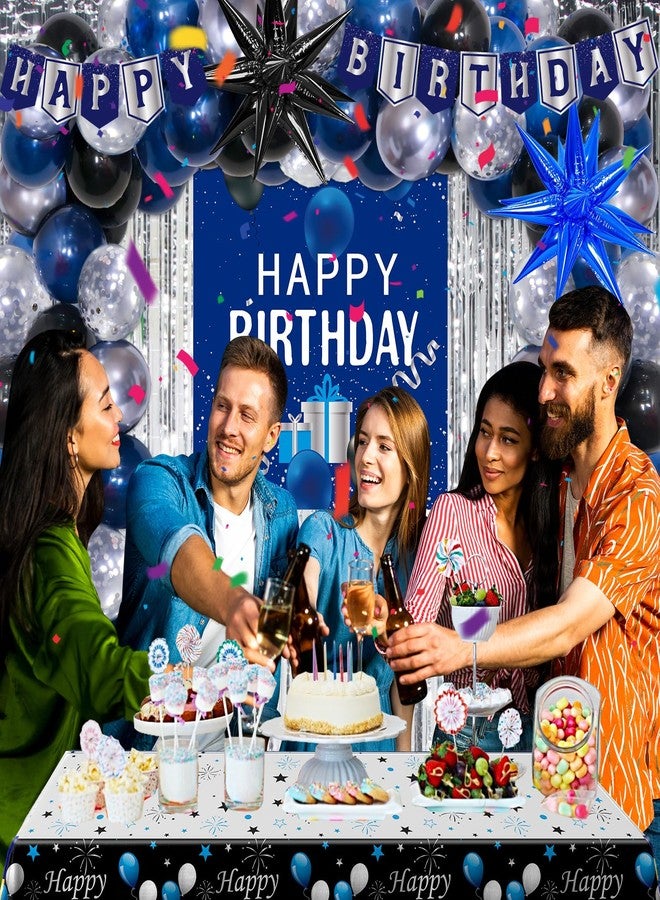 Pounira Blue Birthday Decorations for Men Boys, Blue and Black Happy Birthday Decorations for Him Her Happy Birthday Door Banner, Balloons, Tablecloth Foil Backdrop Star Balloons Bday Party Decor for Friend - Image 2
