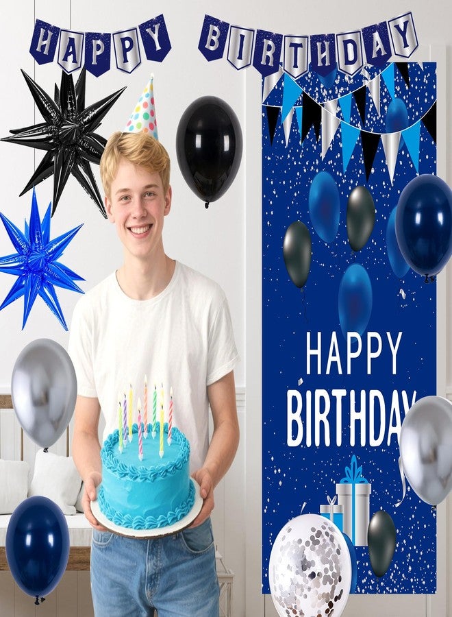 Pounira Blue Birthday Decorations for Men Boys, Blue and Black Happy Birthday Decorations for Him Her Happy Birthday Door Banner, Balloons, Tablecloth Foil Backdrop Star Balloons Bday Party Decor for Friend - Image 5