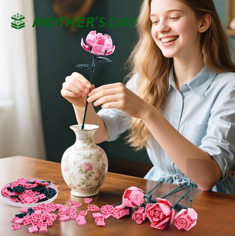 Sienon Pink Rose Flower Building Set-10pcs Roses & 2pcs Leaves Botanical Collection, Artificial Flowers for Home DÃ©cor, Rose Bouquet Building Kit for Valentineâ€™s Day Christmas Birthday Anniversary (No Vase) - Image 4