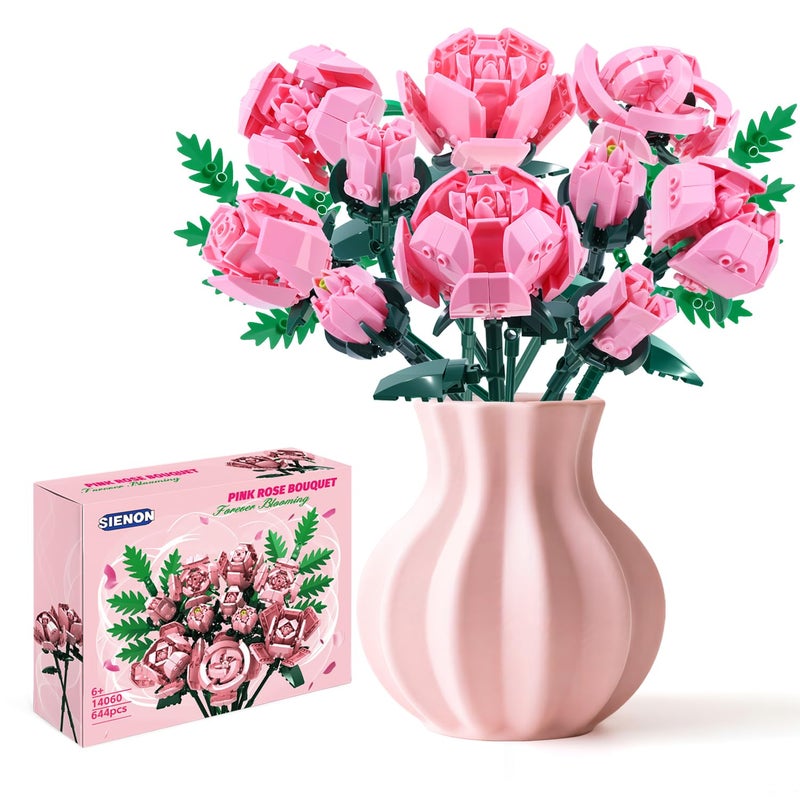 Sienon Pink Rose Flower Building Set-10pcs Roses & 2pcs Leaves Botanical Collection, Artificial Flowers for Home DÃ©cor, Rose Bouquet Building Kit for Valentineâ€™s Day Christmas Birthday Anniversary (No Vase) - Image 1