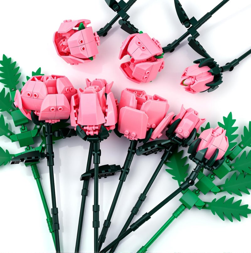 Sienon Pink Rose Flower Building Set-10pcs Roses & 2pcs Leaves Botanical Collection, Artificial Flowers for Home DÃ©cor, Rose Bouquet Building Kit for Valentineâ€™s Day Christmas Birthday Anniversary (No Vase) - Image 3