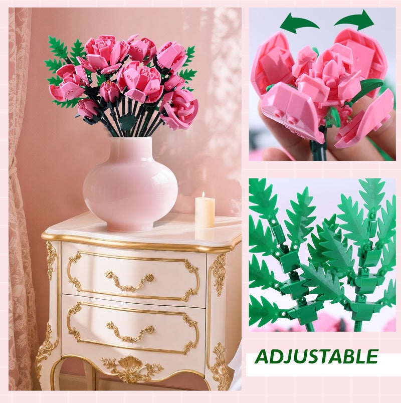 Sienon Pink Rose Flower Building Set-10pcs Roses & 2pcs Leaves Botanical Collection, Artificial Flowers for Home DÃ©cor, Rose Bouquet Building Kit for Valentineâ€™s Day Christmas Birthday Anniversary (No Vase) - Image 2