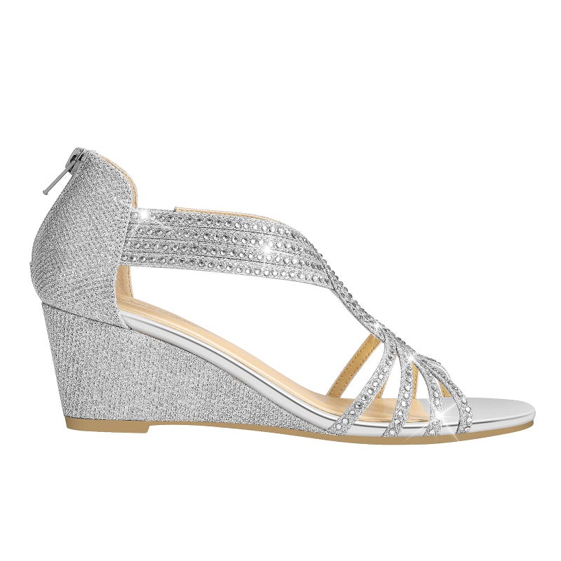 PIZZ ANNU Women's Diana Low Wedge Sandals Sparkly Rhinestone Open Toe Fashion Dress Shoes for Woman Lady in Bridal Dance Evening, Silver Glitter 8 - Image 5