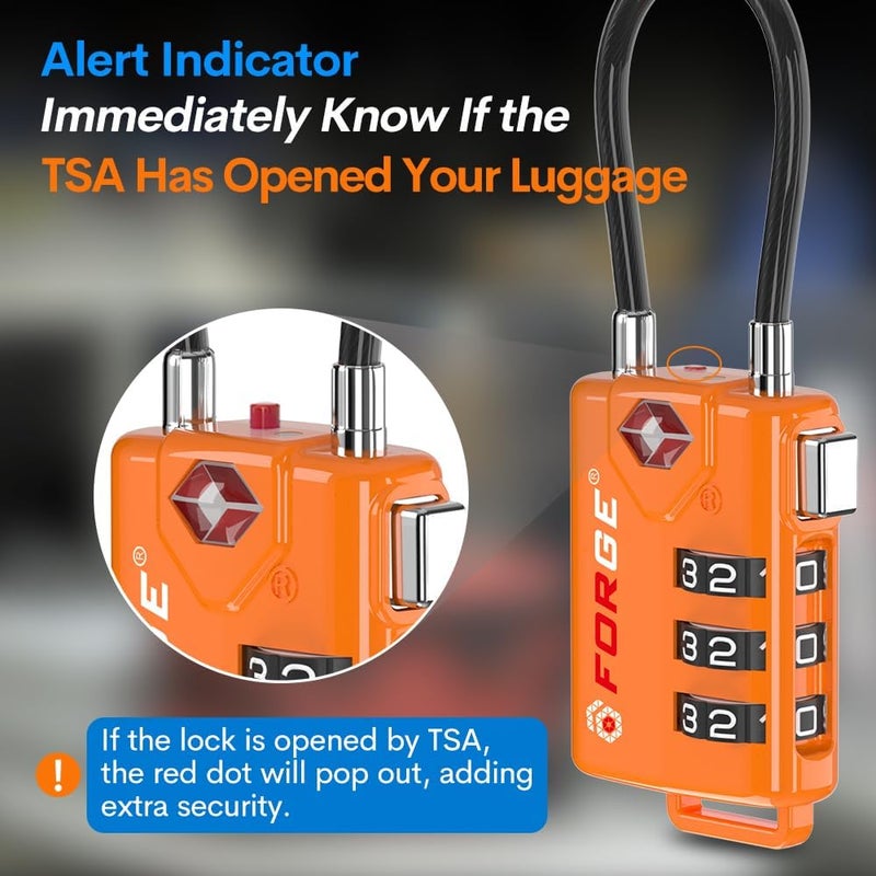 Forge TSA Approved Cable Luggage Locks, Re-settable Combination with Alloy Body, Orange 4 Locks. - Image 4