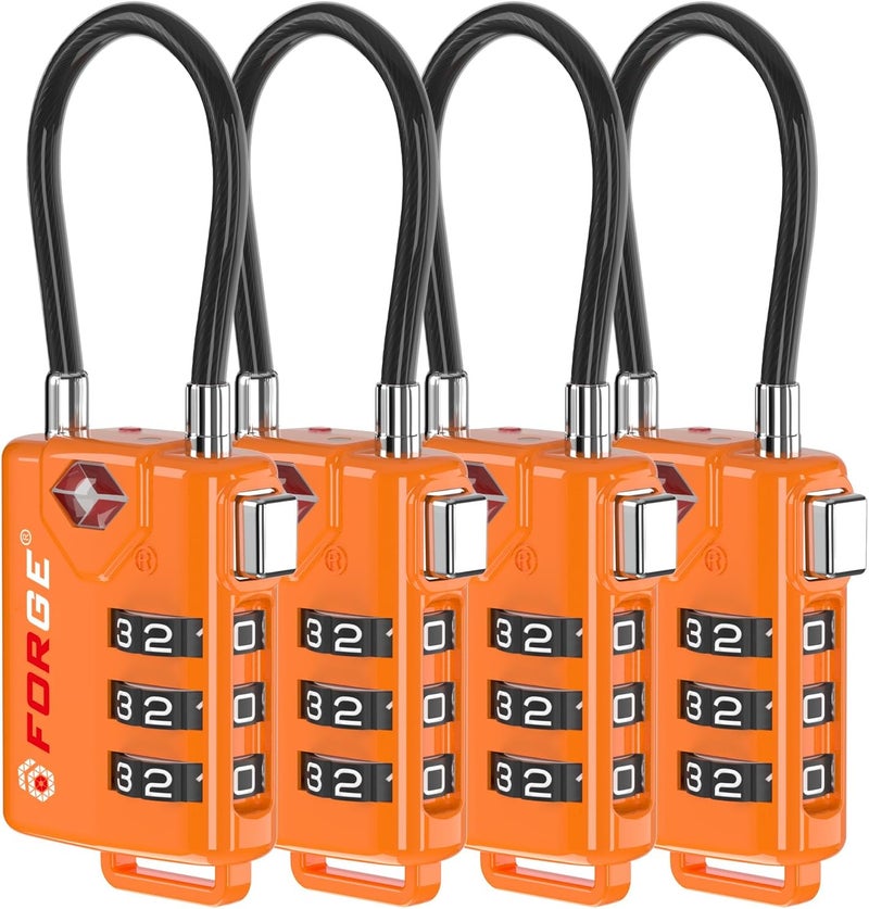 Forge TSA Approved Cable Luggage Locks, Re-settable Combination with Alloy Body, Orange 4 Locks. - Image 1