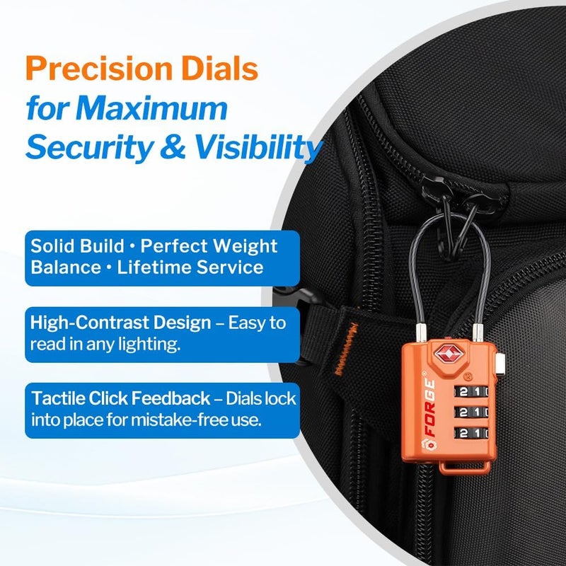 Forge TSA Approved Cable Luggage Locks, Re-settable Combination with Alloy Body, Orange 4 Locks. - Image 5