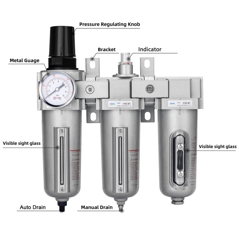 NANPU 3/4" NPT Industrial Grade 3 Stage Air Drying System - Particulate Filter, Coalescing Filter, Desiccant Dryer & Air Regulator, Metal Bowl, Auto Drain, Suitable for Paint Sprayï¼† Plasma Cutter - Image 2