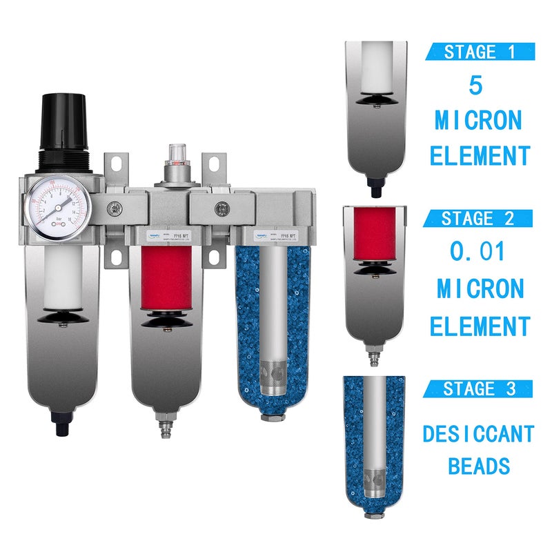 NANPU 3/4" NPT Industrial Grade 3 Stage Air Drying System - Particulate Filter, Coalescing Filter, Desiccant Dryer & Air Regulator, Metal Bowl, Auto Drain, Suitable for Paint Sprayï¼† Plasma Cutter - Image 5