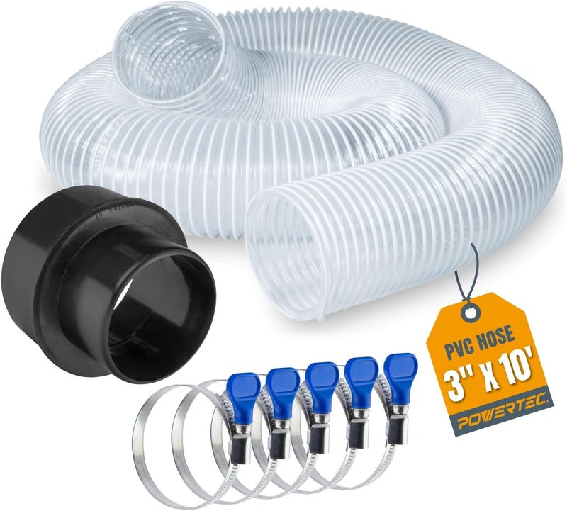 POWERTEC 70437 3" x 10' PVC Dust Collection Hose with 4-Inch to 3-Inch Reducer and 5pc 3 Inch Key Hose Clamp for Dust Collector for Woodworking and Shop Vacuum - Image 1
