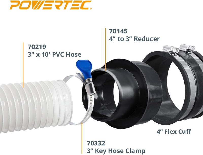 POWERTEC 70437 3" x 10' PVC Dust Collection Hose with 4-Inch to 3-Inch Reducer and 5pc 3 Inch Key Hose Clamp for Dust Collector for Woodworking and Shop Vacuum - Image 2