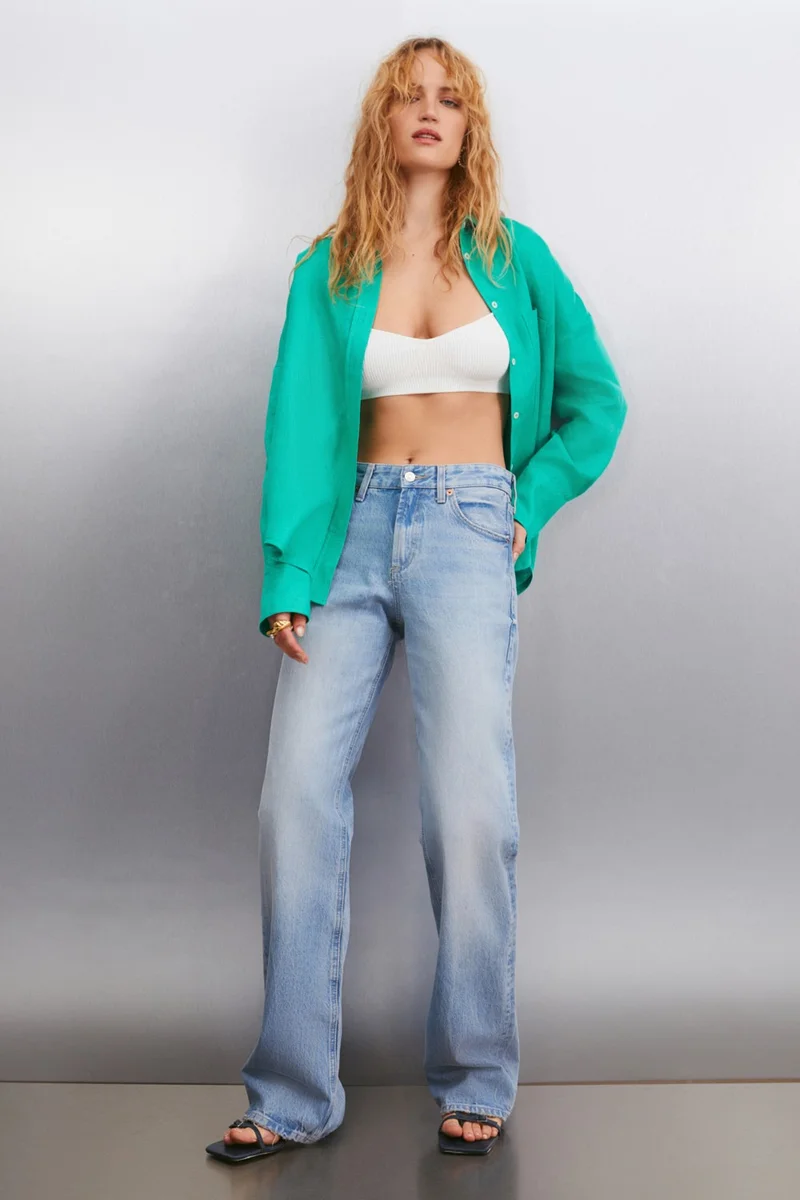 GRIMELANGE Gaia Women's Oversize Pattern 100% Linen Long Sleeve Single Pocket Green Shirt