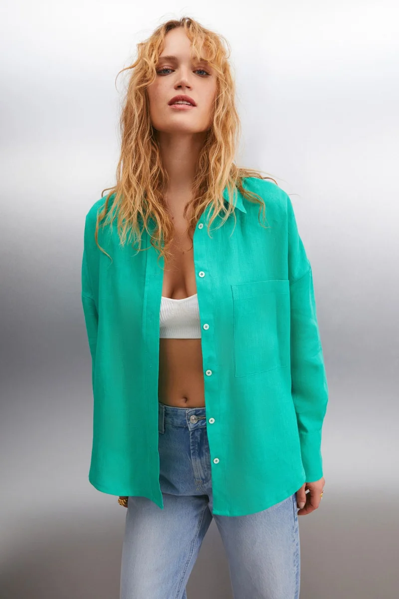 GRIMELANGE Gaia Women's Oversize Pattern 100% Linen Long Sleeve Single Pocket Green Shirt