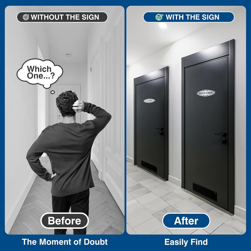 LUHIMO 2 PCS Men and Women Restroom Sign for Home and Business, Self-adhesive Waterproof Silver Ladies & Gentlemen Bathroom Door Signage Sticker Decor for House, Offices, Restaurants, Shop and Public Area - Image 4