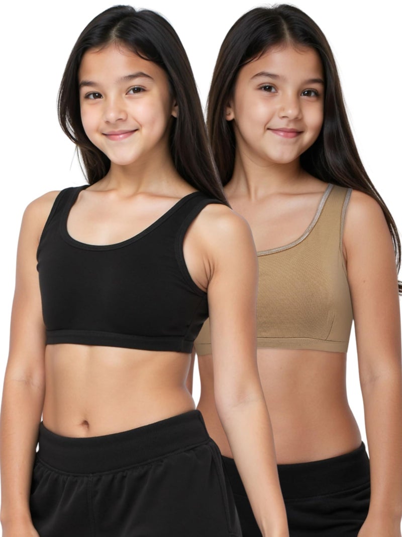 DChica Essentials Sports Bra for Girls, Cotton Non-Padded and Non-Wired Full Coverage Beginners Bras with Regular Broad Strap, T Shirt Gym Workout, Training Activewear for Teenager Kids (Pack of 2) - Image 1