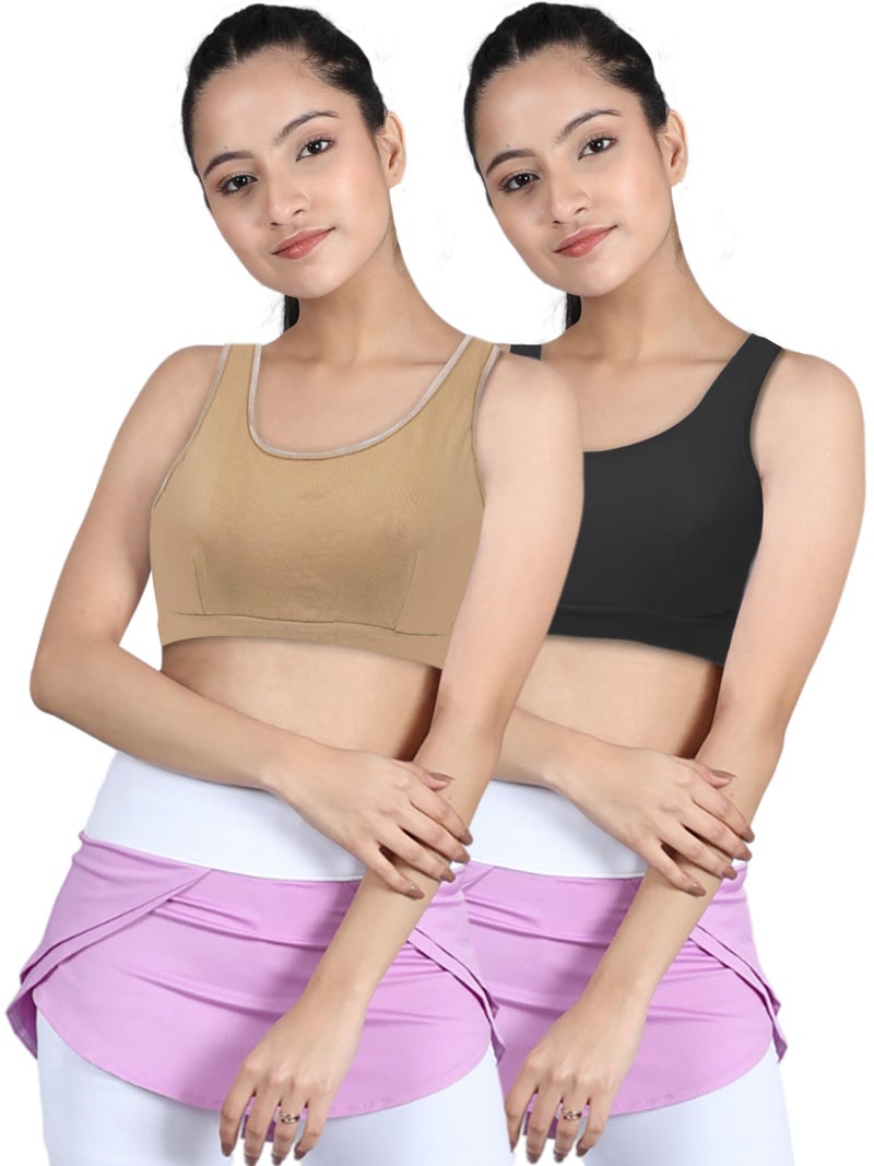 DChica Essentials Sports Bra for Girls, Cotton Non-Padded and Non-Wired Full Coverage Beginners Bras with Regular Broad Strap, T Shirt Gym Workout, Training Activewear for Teenager Kids (Pack of 2) - Image 3