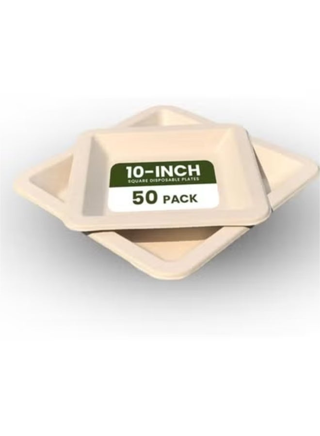 ايكواي Ecoway [10 Inch Square Plate Pack Of 50] White Color- Disposable Plates Made With Bagasse Sugar Canes Microwave & Freeze Safe, Compostable & Biodegradable Dinner Plates, Strong Everyday Tableware - Image 1