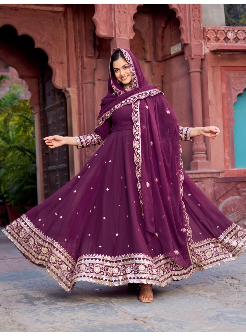 Super Asian Elegant Faux Georgette Gown Set with Pant & Embroidered Dupatta – Thread & Sequin Work - Image 1
