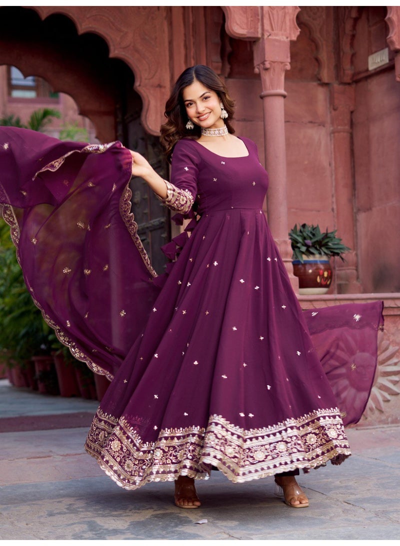 Super Asian Elegant Faux Georgette Gown Set with Pant & Embroidered Dupatta – Thread & Sequin Work - Image 2