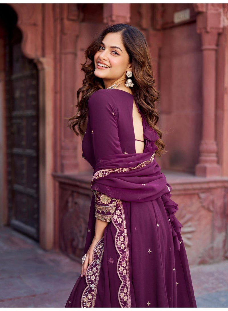 Super Asian Elegant Faux Georgette Gown Set with Pant & Embroidered Dupatta – Thread & Sequin Work - Image 3