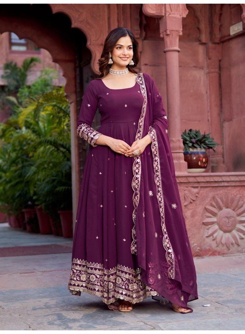Super Asian Elegant Faux Georgette Gown Set with Pant & Embroidered Dupatta – Thread & Sequin Work - Image 4