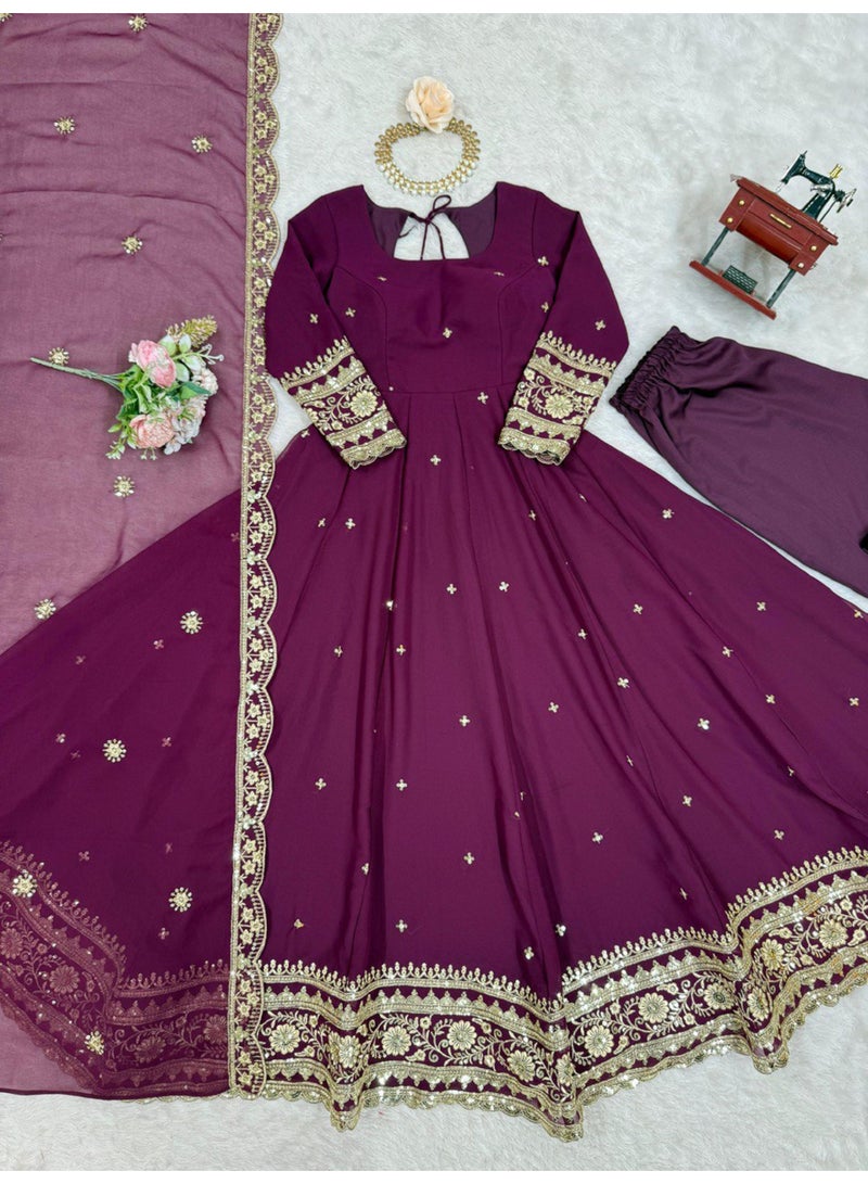 Super Asian Elegant Faux Georgette Gown Set with Pant & Embroidered Dupatta – Thread & Sequin Work - Image 5