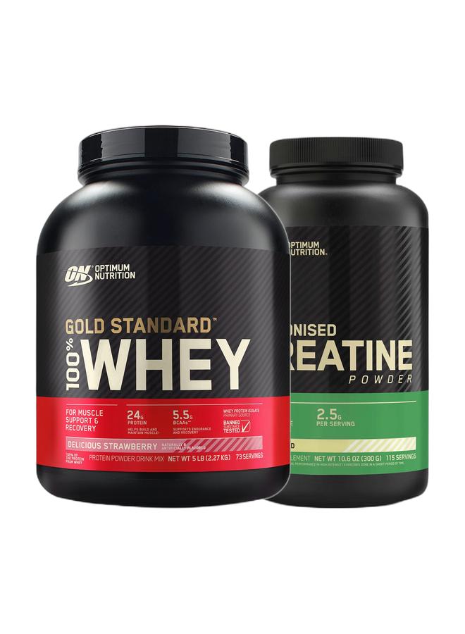Optimum Nutrition عرض حزمة حصرية - مسحوق بروتين مصل اللبن 100% معيار الذهب 5 رطل (فراولة لذيذة) ومسحوق الكرياتين المجهرية بدون نكهة 300 جرام 115 حصة - Image 1