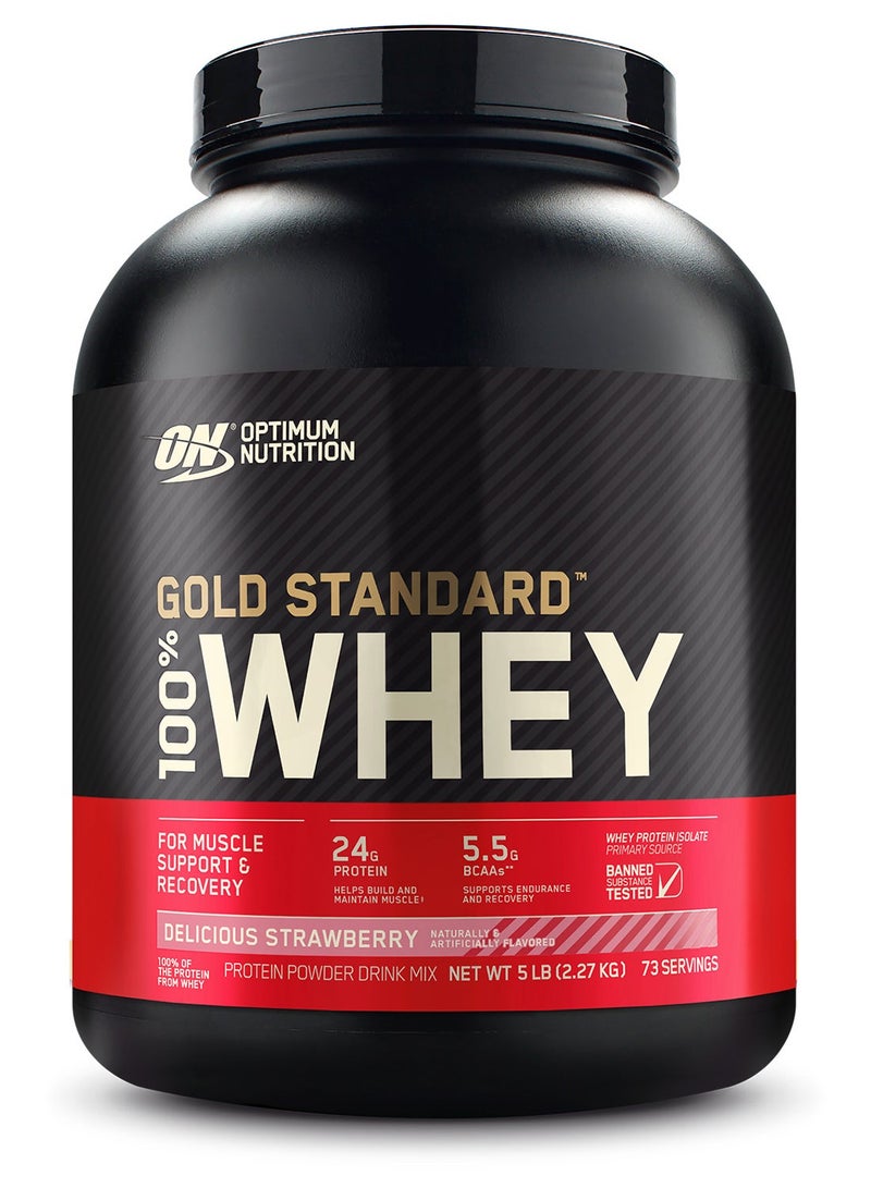 Optimum Nutrition عرض حزمة حصرية - مسحوق بروتين مصل اللبن 100% معيار الذهب 5 رطل (فراولة لذيذة) ومسحوق الكرياتين المجهرية بدون نكهة 300 جرام 115 حصة - Image 2