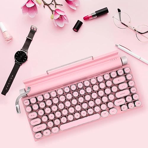 Adventurers Typewriter-Style Retro Mechanical Keyboard LED Backlight 83 Keys Bluetooth 5.0 Blue Axis Pink Color Panel Compatible with iOS/Android/Windows/Vista/Linux/Mac Office/Gaming, 12.8x6.6x1.6in - Image 2