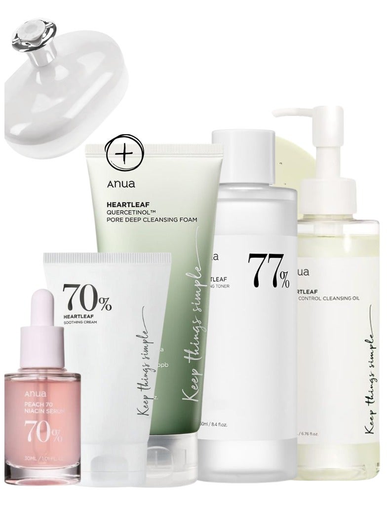 Anua Heartleaf Skincare Set - Pore Control Cleansing Oil - 77 Soothing Toner - Quercetinol Deep Cleansing Foam - Peach Niacinamide Serum - and Soothing Cream for Clear - Radiant Skin - Face scrubber 730ml - Image 1