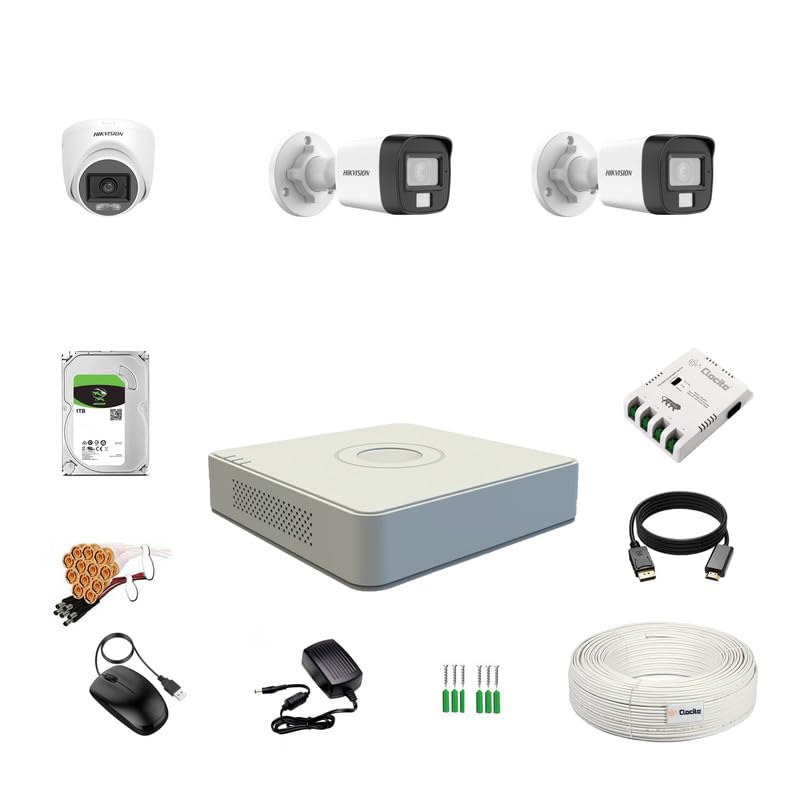 Clocite HIKVISION Full HD 4 Channel DVR, 2 MP 1 Dome & 2 Bullet Cameras [Color Night Vision + Built-in Audio MIC + Smart Dual Light + Motion Detection] + 1 TB HDD 4 CH SMPS + CCTV Cable + BNC & DC - Image 1