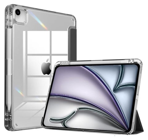 for iPad Air 13 inch (2024 6th M2 / 2025 7th M3 / 2026 8th M4) / ipad Pro 12.9 inch (22/21/20/18) Case Cover,Transparent Airbag For Anti Drop, Tablet Protective Cover, Triple Fold Multi Angle Design, Automatic Wake-up/sleep, Soft Leather,Black