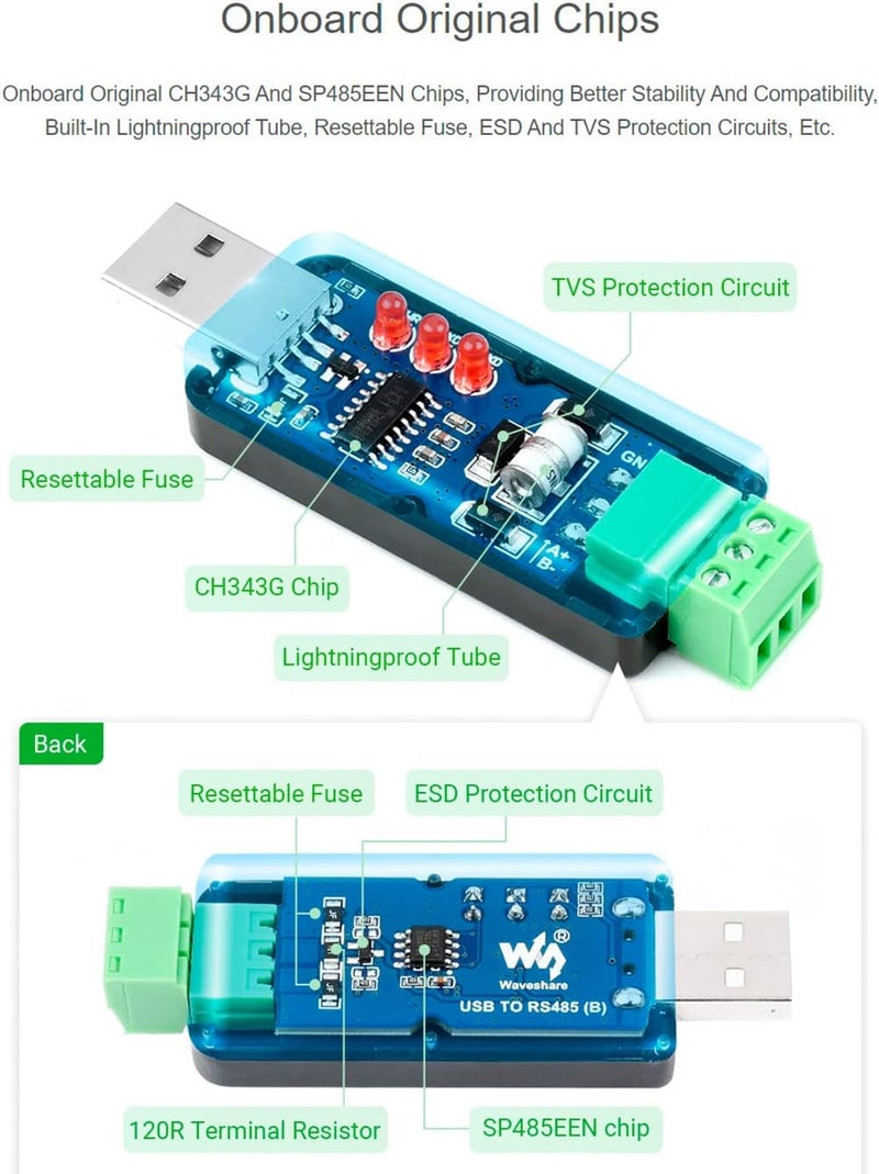 Industrial USB to RS485 Bidirectional Converter Onboard CH343G Chip, Multi-Protection Circuits 300bps-3Mbps Baudrate Support Linux,Android,Wince,Win10/8.1/8/7/XP, Up to 1.2km Transmission Distance - Image 3
