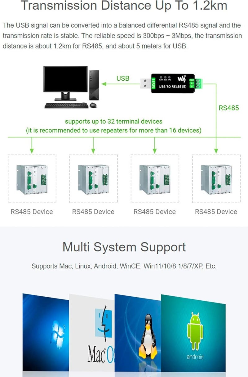 Industrial USB to RS485 Bidirectional Converter Onboard CH343G Chip, Multi-Protection Circuits 300bps-3Mbps Baudrate Support Linux,Android,Wince,Win10/8.1/8/7/XP, Up to 1.2km Transmission Distance - Image 4