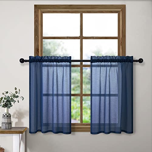 Pitalk Navy Kitchen Curtains 36 Inch Length for Basement Window Small Pair Rod Pocket Semi Sheer Faux Linen Short Cafe Curtain Tier RV Summer Drapes for Camper Kids Bathroom Decor 30x36 Inches Long Navy Blue - Image 4