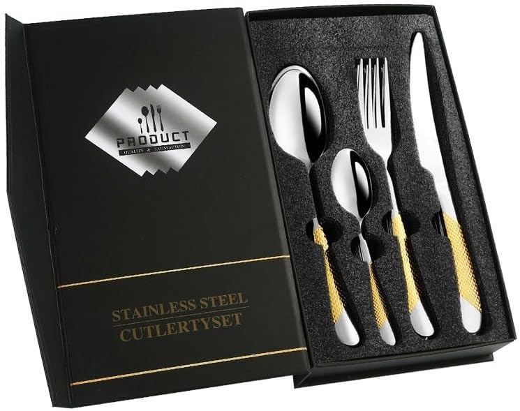 Flatware set, knife fork spoon set, soup spoons,Silverware Set, 16-piece Stainless Steel Cutlery Set For 4 People Gift Box Knife, Fork And Spoon Set(Gold Silver) - Image 1