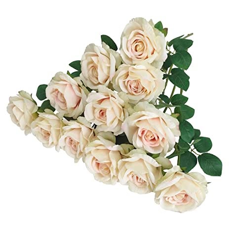 ATFL Champange Flowers12 Pcs Silk Champagne Colored RosesFlower Diameter 4Artificial Fake Faux Plastic Roses With Stems for Wedding Arrangement Centerpieces Party Home Table Decorationschampagne