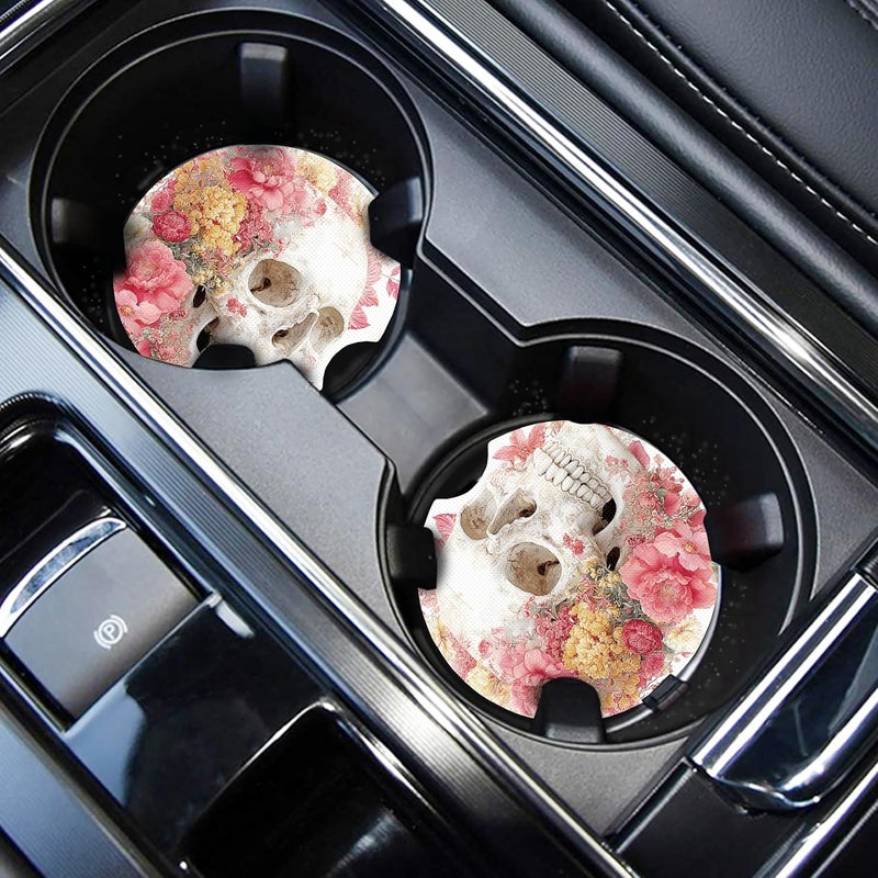 WOCOCN Cute Cup Holder Coasters for Your Car with Fingertip Grip, Auto Accessories for Women & Men,Pack of 2 (Flower Skull) - Image 1