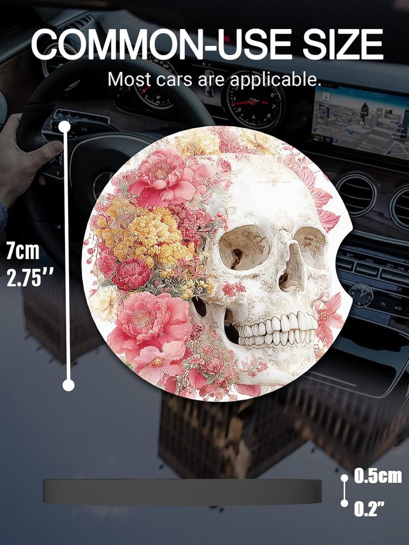 WOCOCN Cute Cup Holder Coasters for Your Car with Fingertip Grip, Auto Accessories for Women & Men,Pack of 2 (Flower Skull) - Image 2