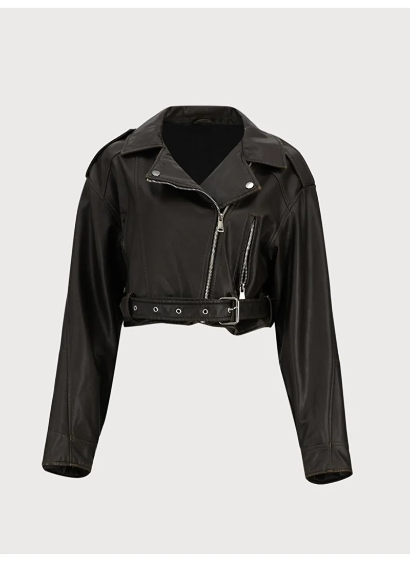 إل تي بي Faded Effect Cuban Collar Zippered Coffee Jacket